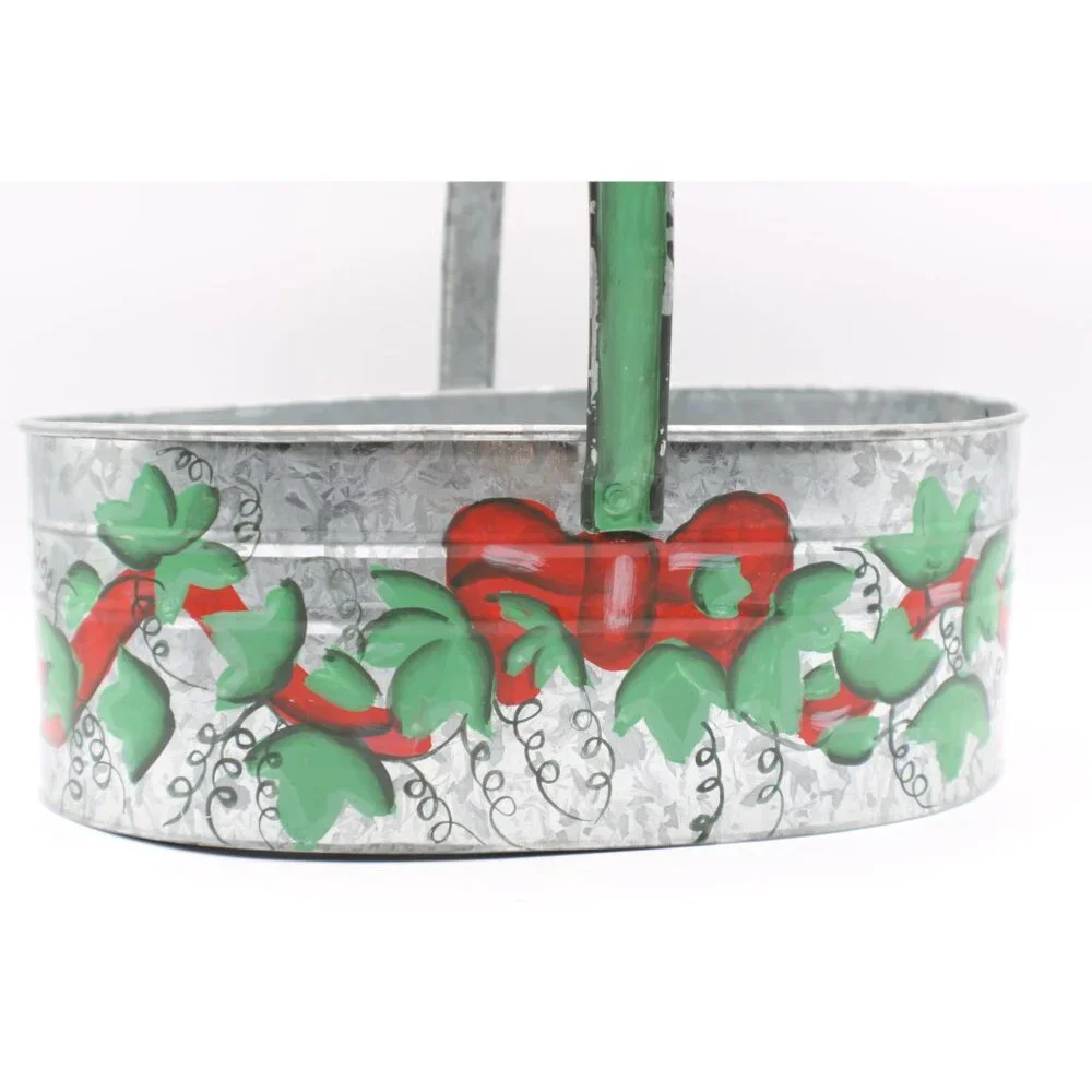 Hand-Painted Galvanized Tin Basket Handle Red Green Floral Design Decor Vintage